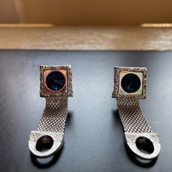 Silver Mess Cufflink Square Shape with Round Blue Stone - Vintage 1970's - Picture 4 of 12